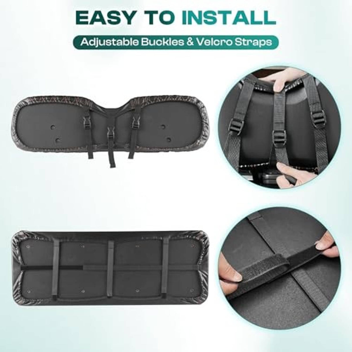 Golf cart seat cover underside with adjustable buckles and Velcro straps