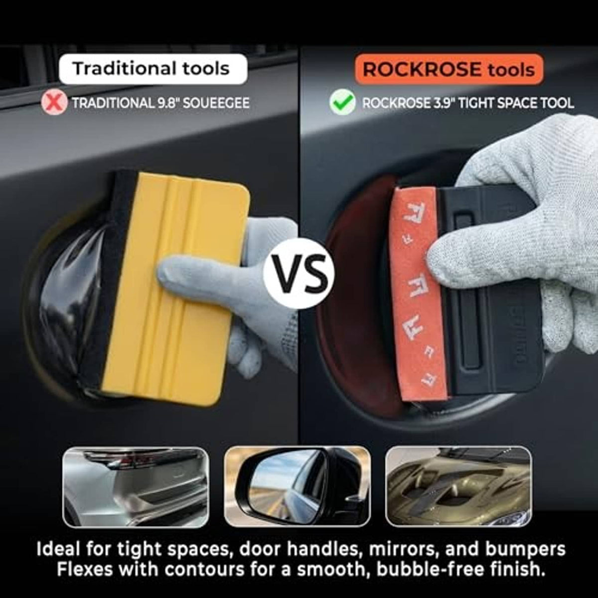 Rockrose-style squeegee tool with orange felt edge, held in a gloved hand