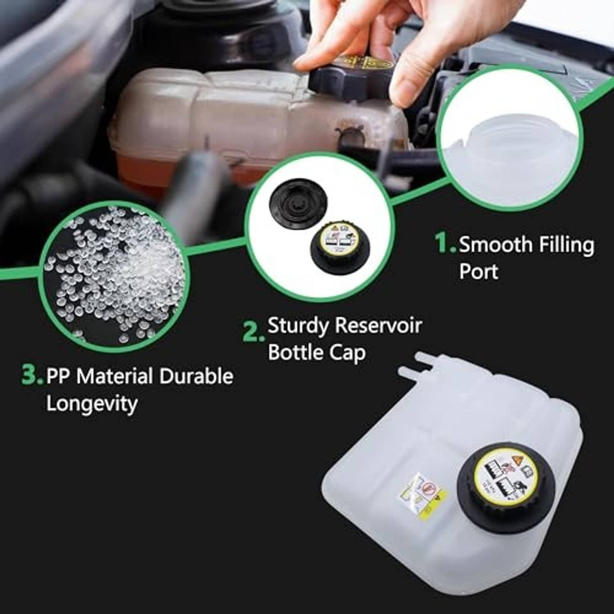 Coolant reservoir with black cap and smooth filling port illustration, translucent white tank.