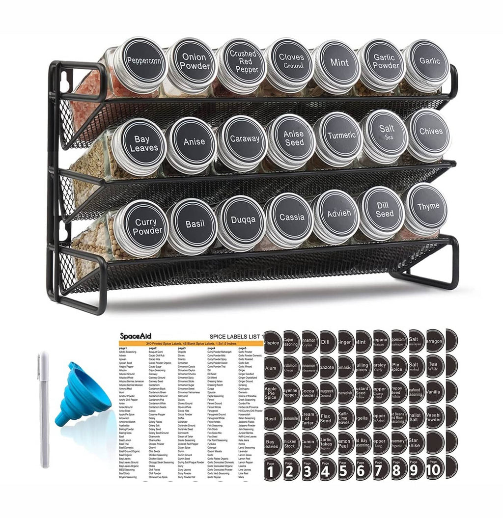 Black wire spice rack organizer with 21 labeled round jars, open front storage