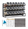 Black wire spice rack organizer with 21 labeled round jars, open front storage