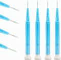 Four-piece slotted screwdriver set with blue plastic handles and white tips