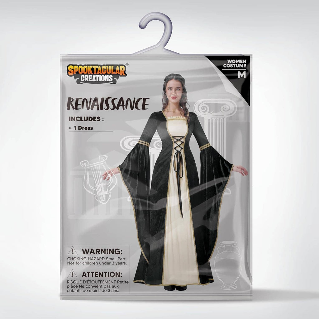 Renaissance costume dress package showing black velvet dress with cream satin center and cape sleeves