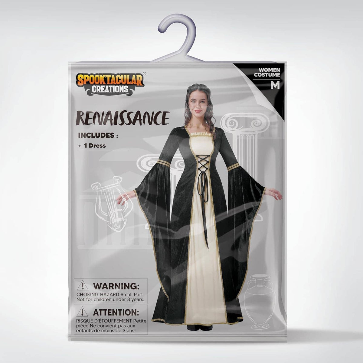 Renaissance costume dress package showing black velvet dress with cream satin center and cape sleeves