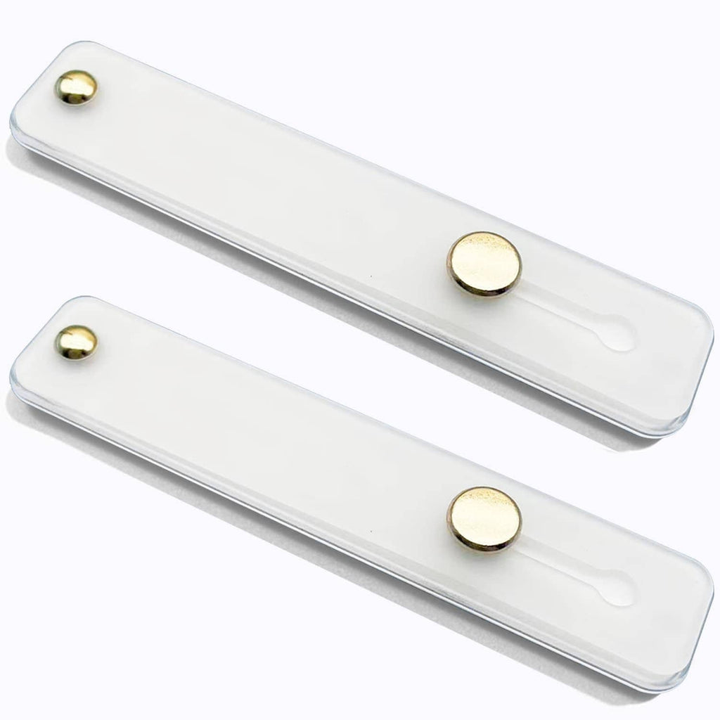 Two white universal phone finger strap holders with gold button mounts