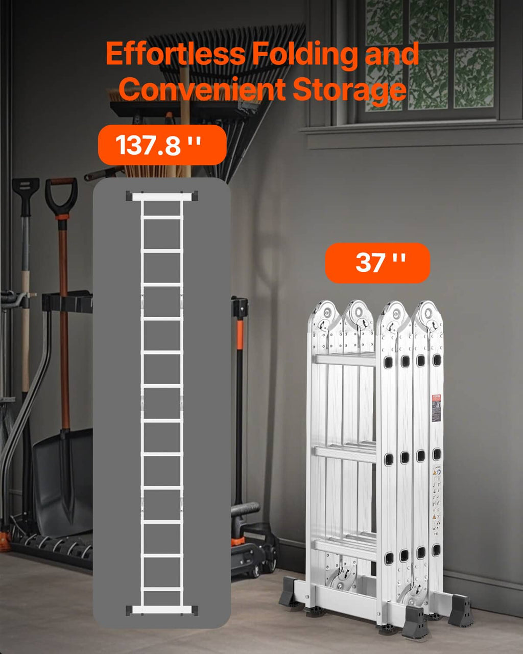 Compact folding ladder stored upright with three steps and locking legs