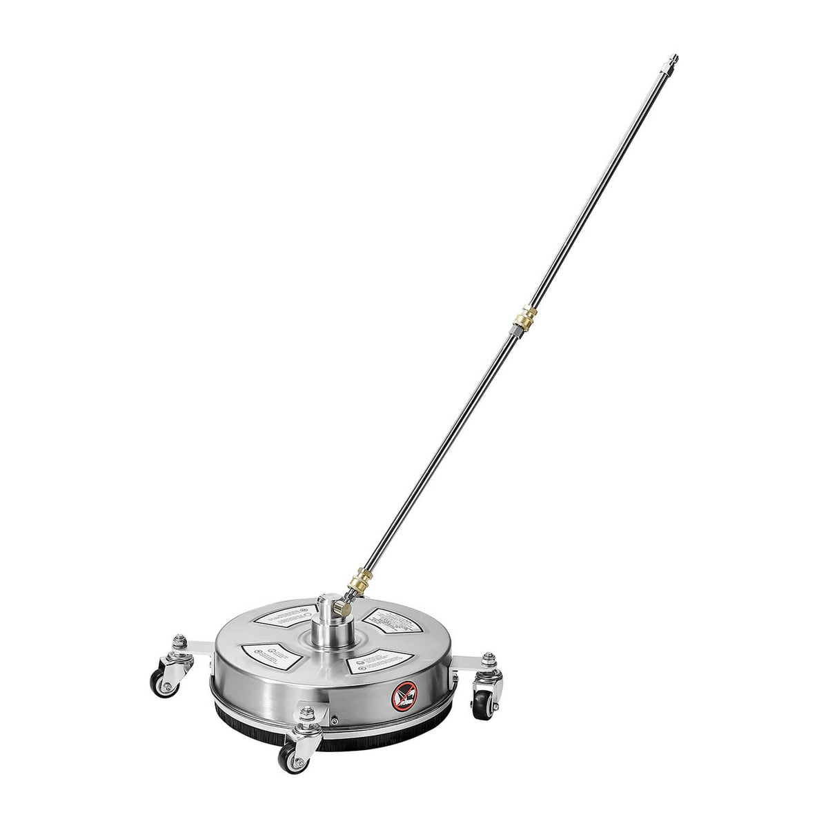 Pressure washer surface cleaner with wand and four caster wheels, round stainless housing