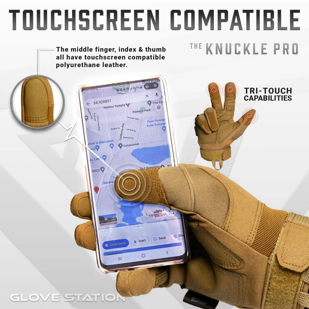 Tan touchscreen-compatible tactical gloves with phone use on thumb and index fingertip