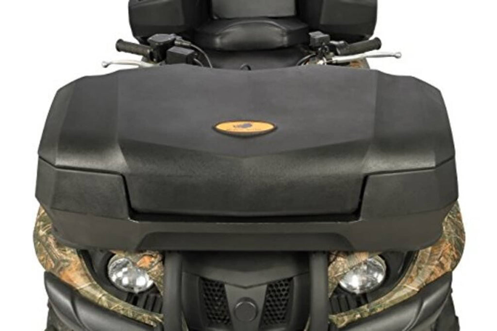 ATV front storage box mounted on ATV, dark gray with hinged lid and latches