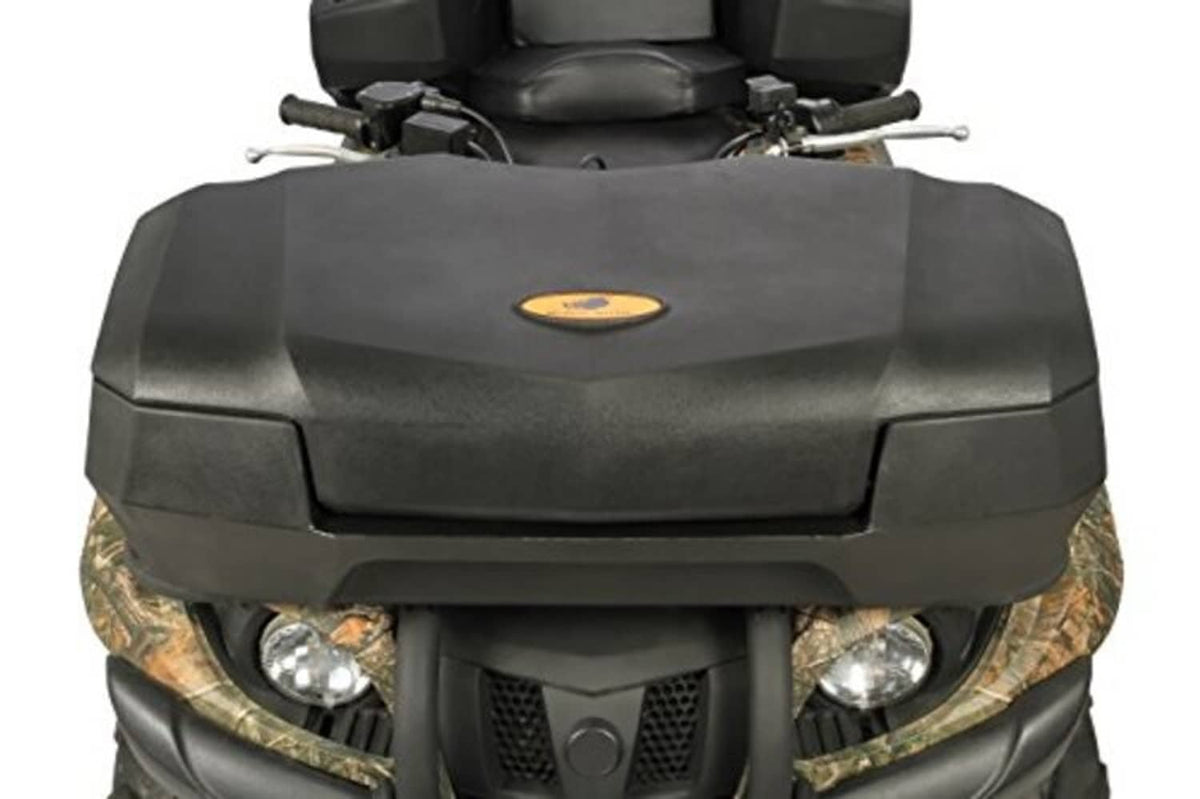 ATV front storage box mounted on ATV, dark gray with hinged lid and latches