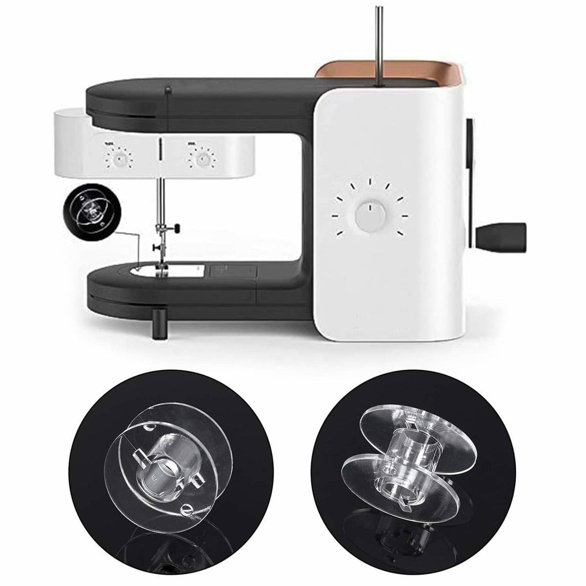 Transparent plastic bobbin spools for sewing machines, shown installed