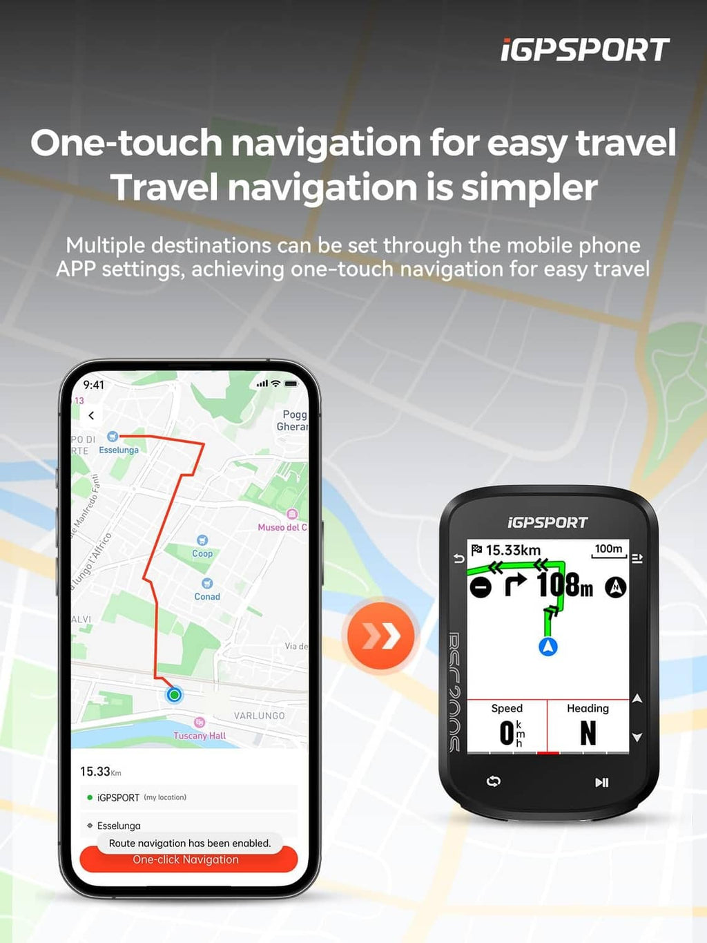 Phone app map and black GPS bike computer showing route with speed and distance