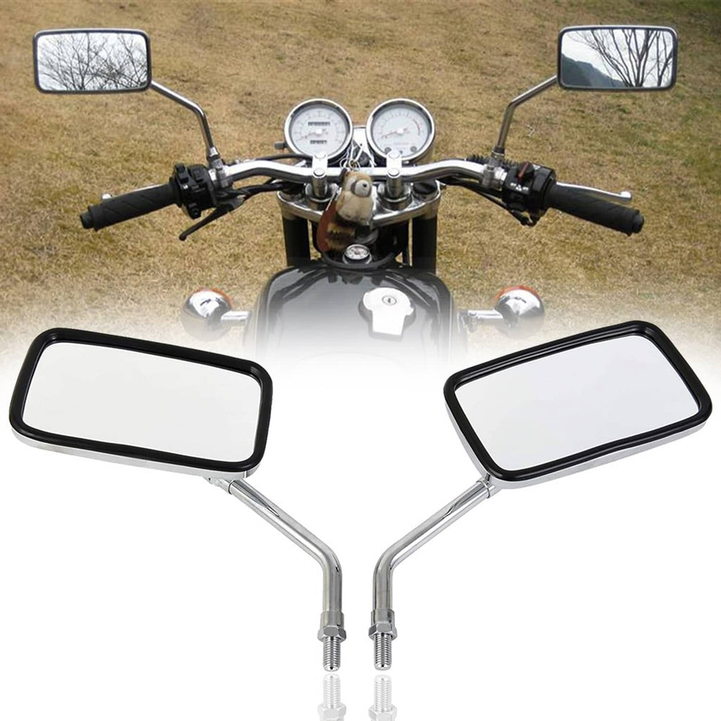 Chrome rectangular rearview side mirrors set with black glass, for motorcycle handlebars