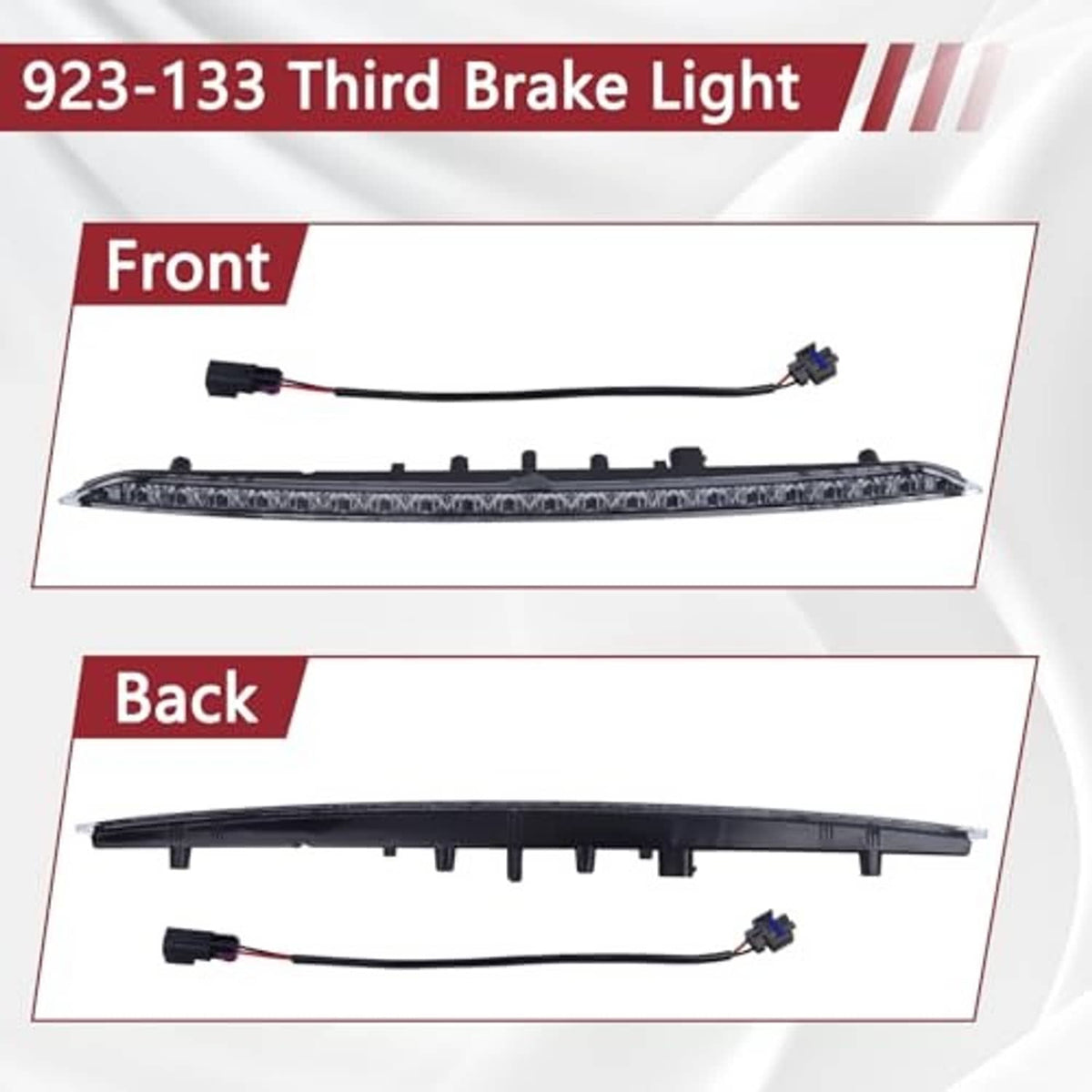 LED third brake light bar front and rear views with connector wiring