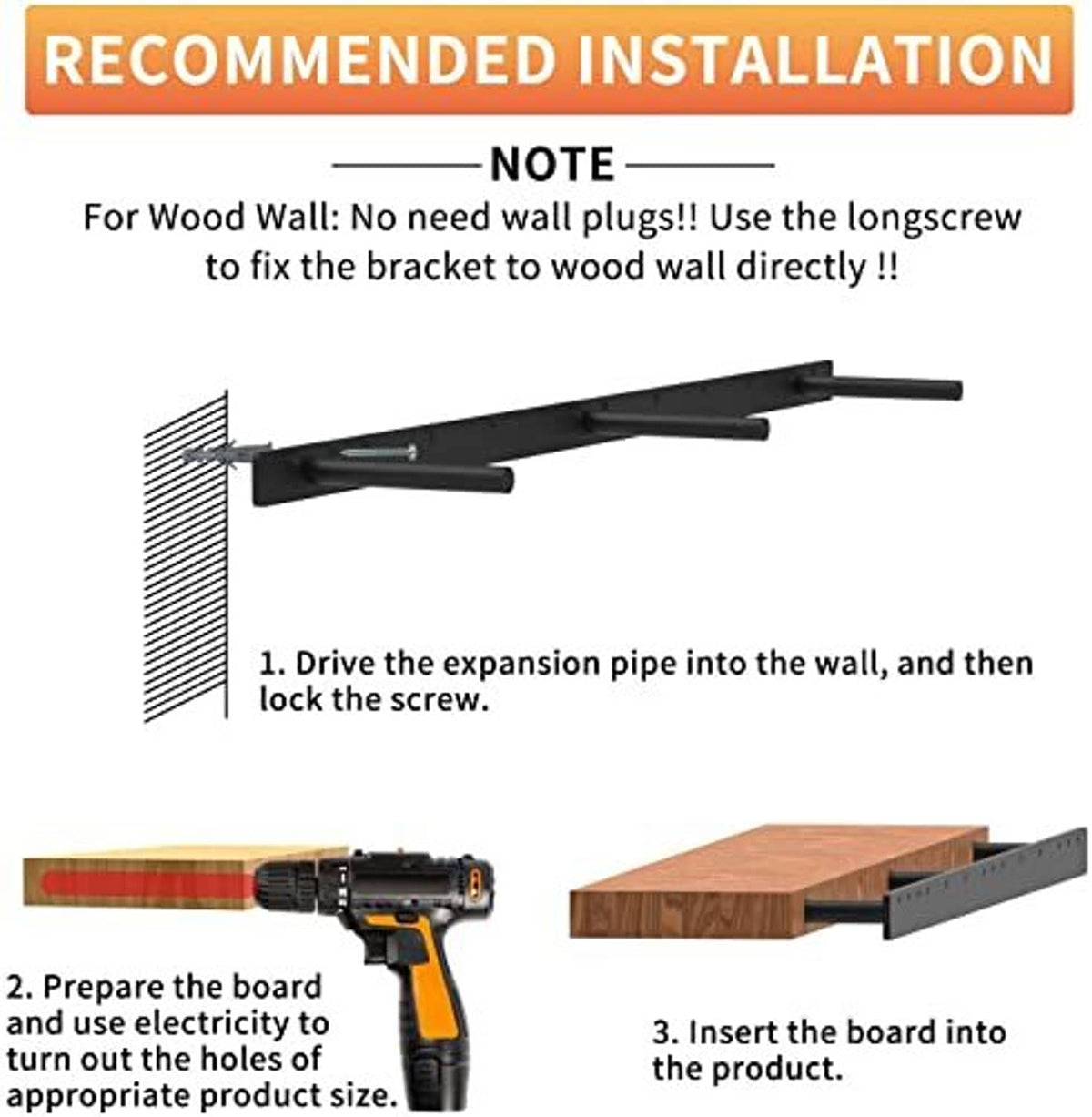 Black wall shelf bracket shown with mounting hardware and expansion pipe for installation
