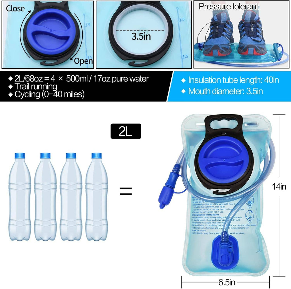 2L hydration bladder showing open blue cap, hose, and size dimensions