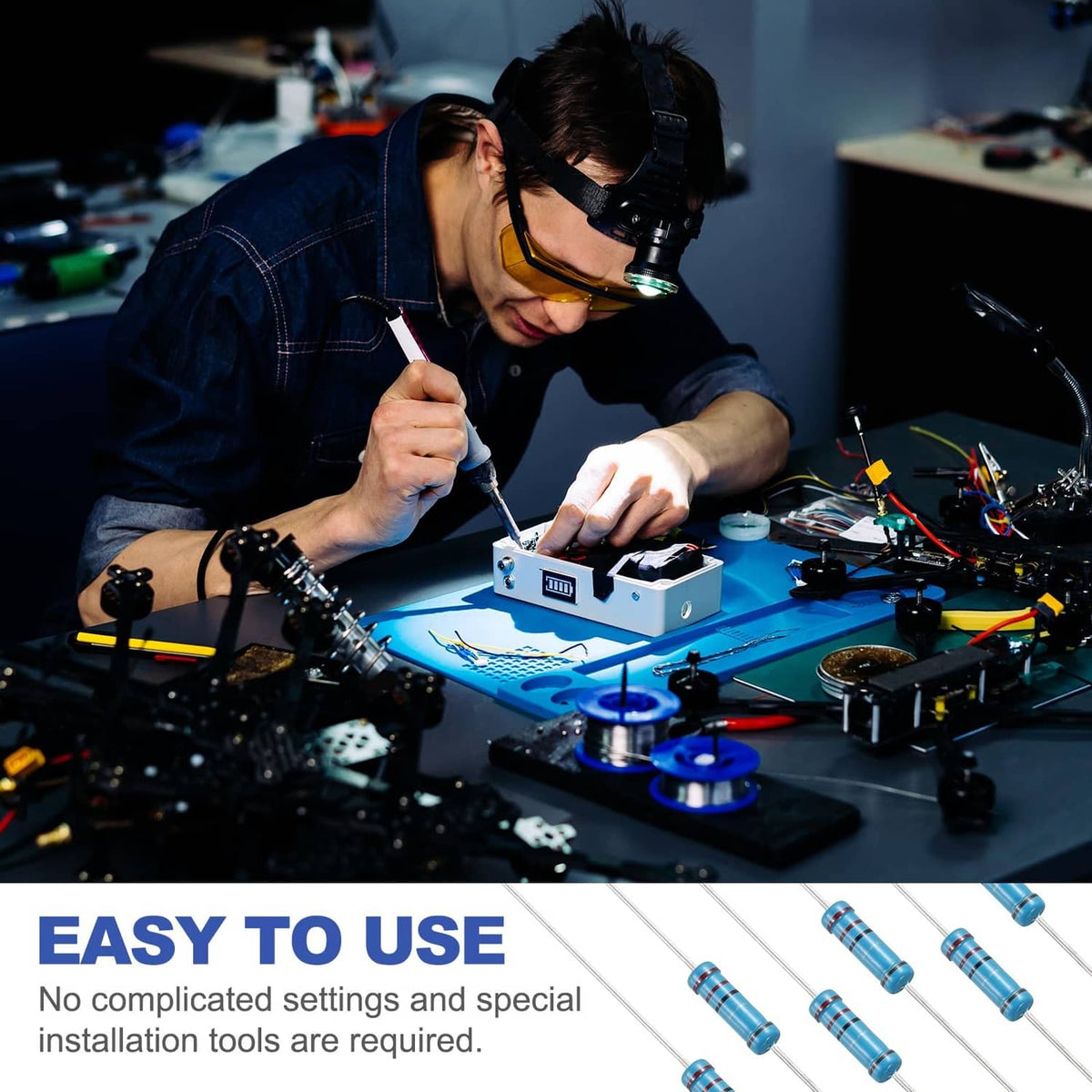 Blue metal film fixed resistors on a circuit board for DIY electronics