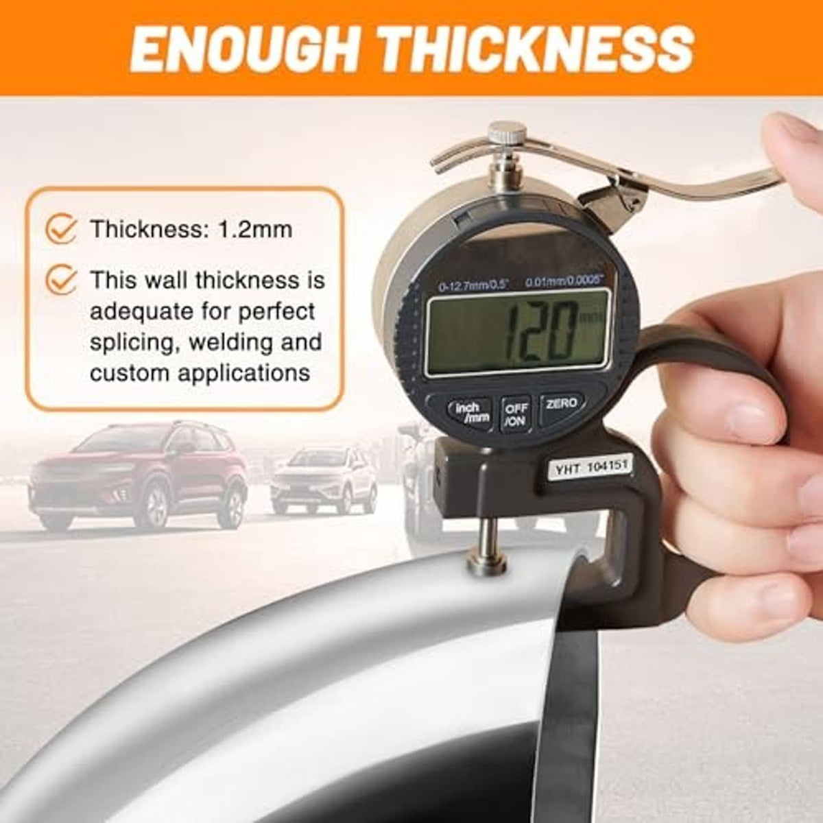 Stainless steel elbow exhaust pipe with wall thickness measurement shown on a caliper