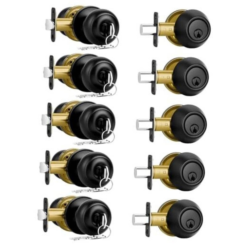 Matte black entry lock set with gold accents, keys and matching interior knob set