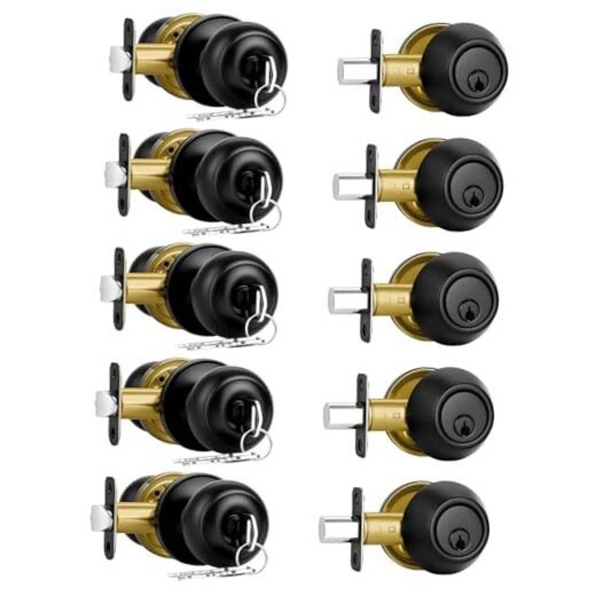 Matte black entry lock set with gold accents, keys and matching interior knob set