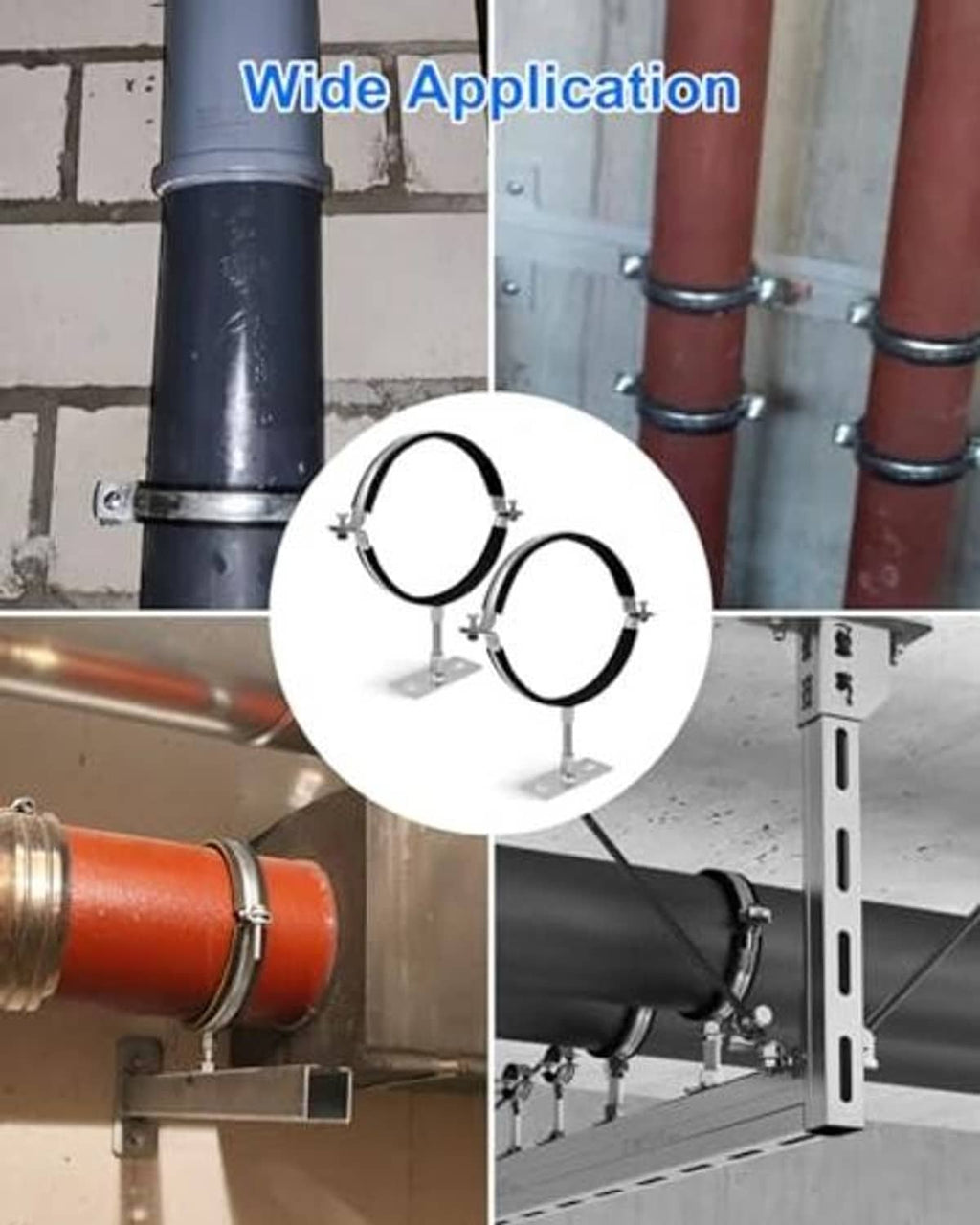 Pair of adjustable pipe brackets mounted on pipes for secure round pipe support