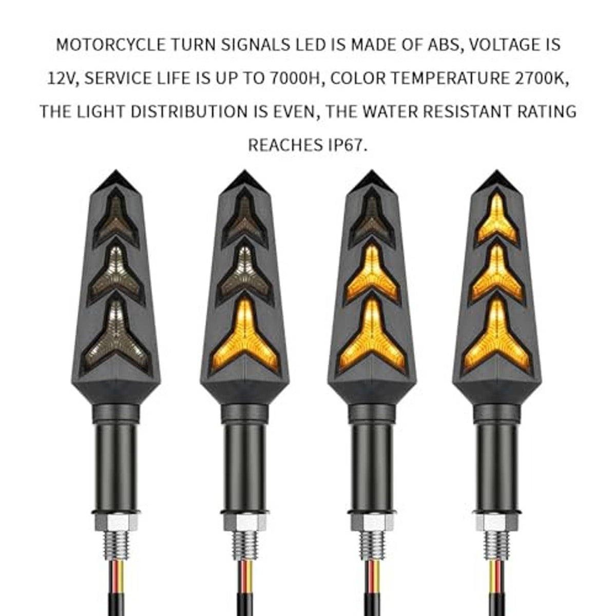 Four motorcycle LED turn signals with black housings and mixed amber arrow illumination
