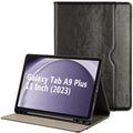 Black folio tablet case with front cover and back panel, stand-ready
