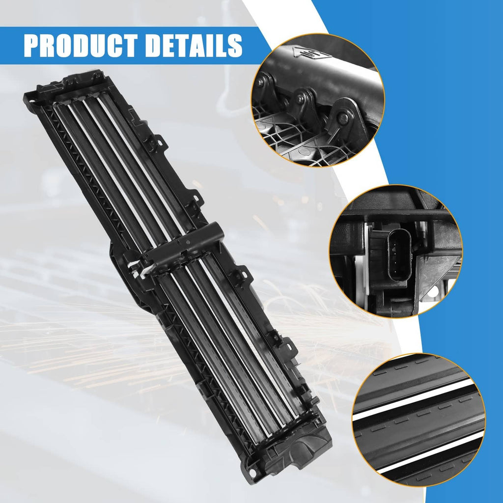 Upper radiator air shutter grille with motor, black side view with vent slats