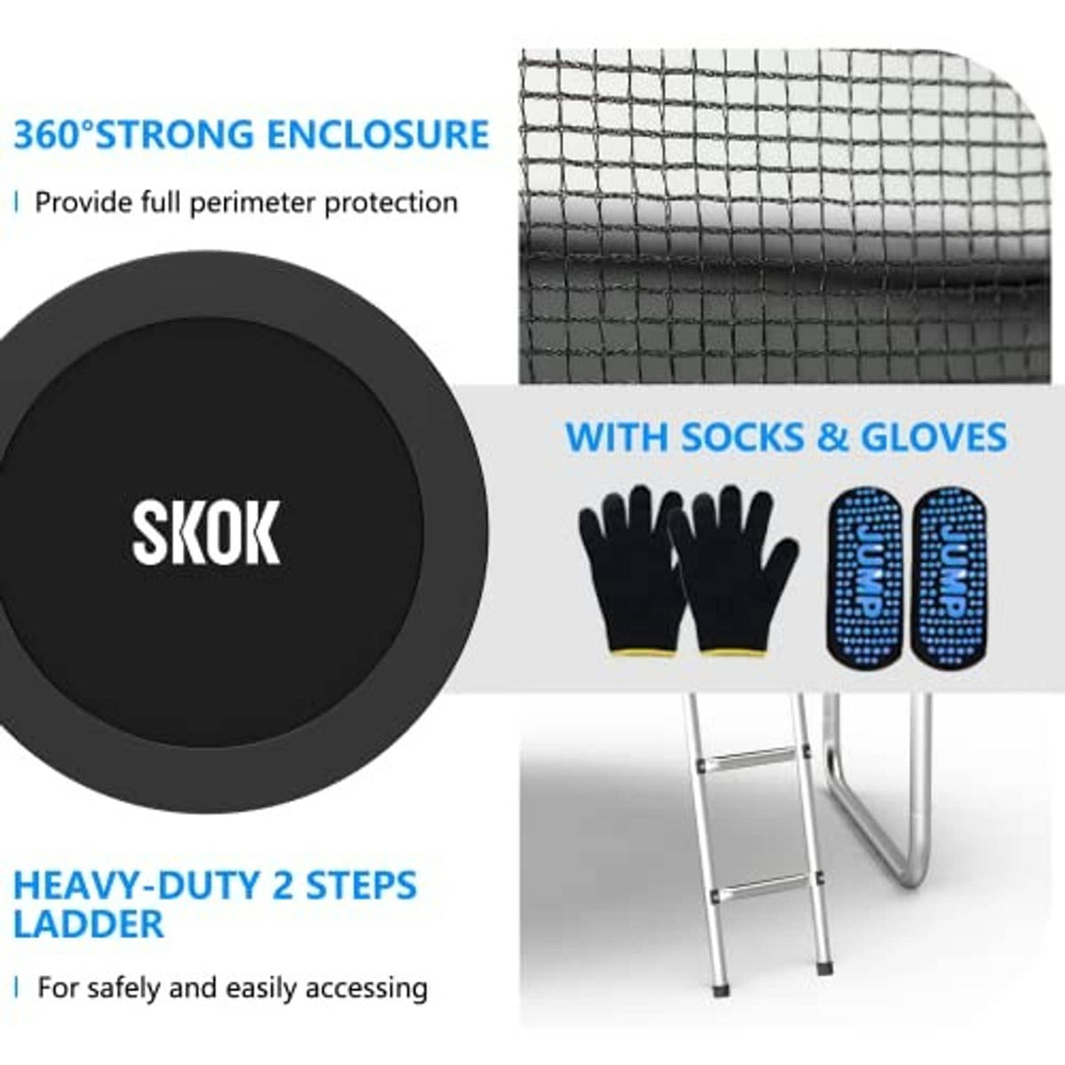 Trampoline safety accessories featuring a 2-step ladder and protective socks & gloves
