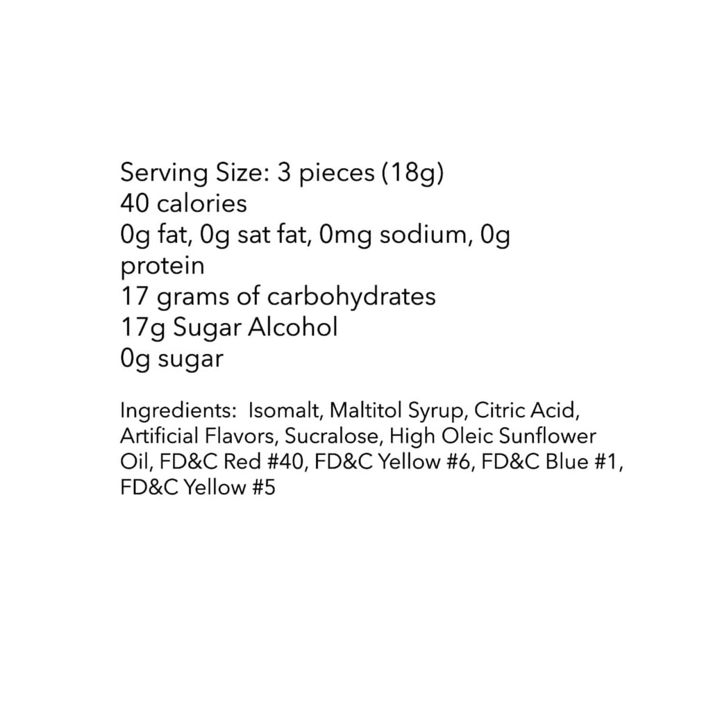 Nutrition facts and ingredients text for sugar-free hard candy, serving size listed