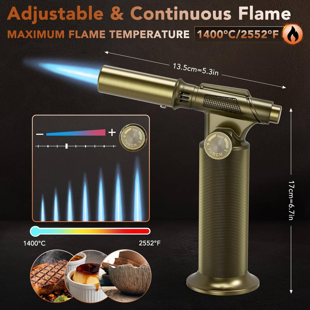 Gold butane torch standing upright with long nozzle and adjustable flame housing