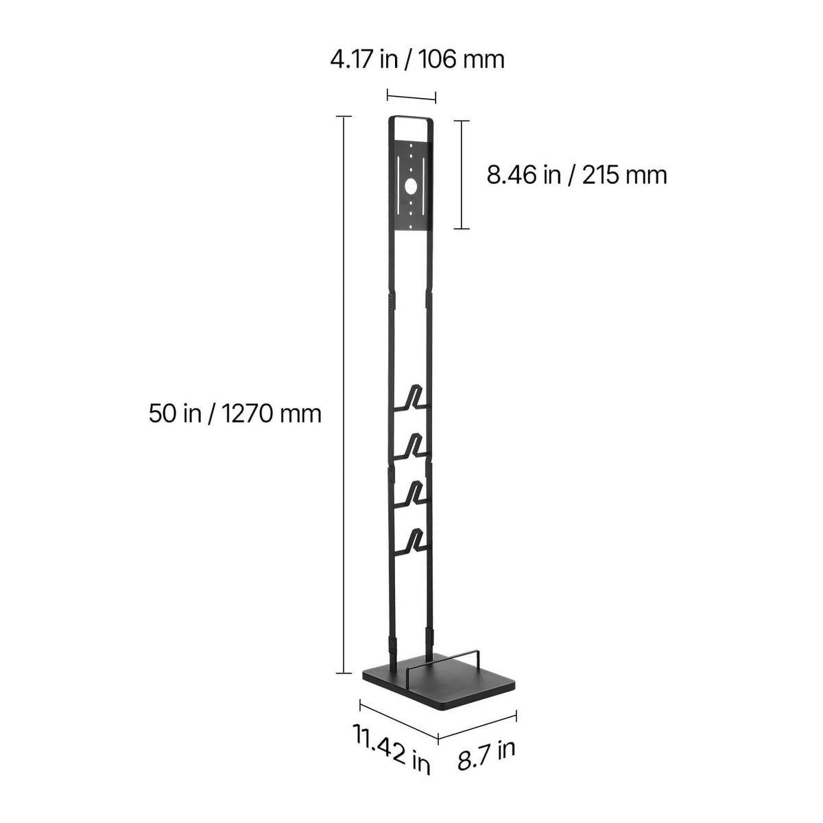 Compact vacuum stand with tall black post and flat square base, side slots