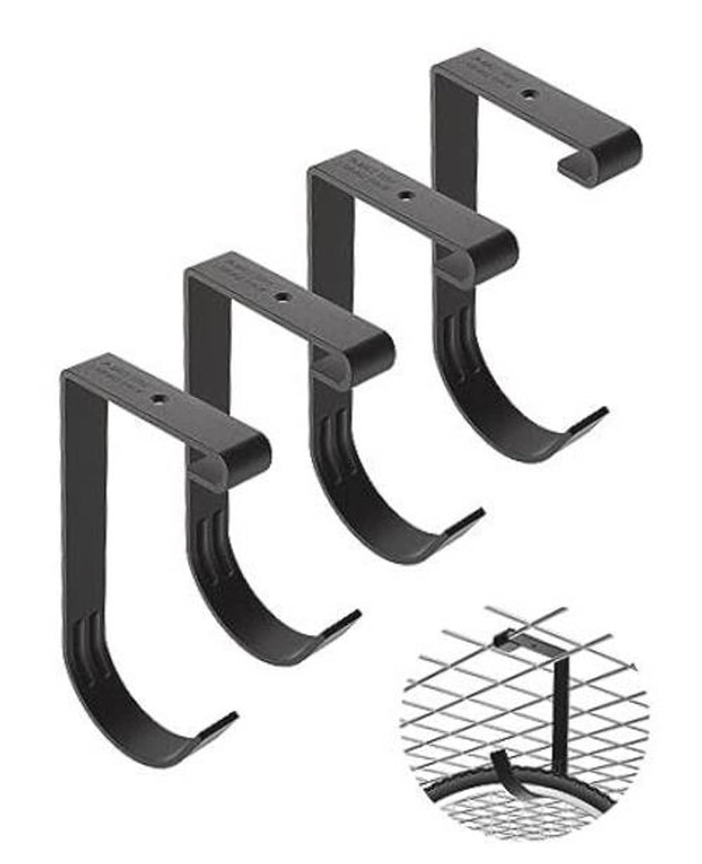 Set of four dark gray ceiling bike rack hooks with curved cradle ends