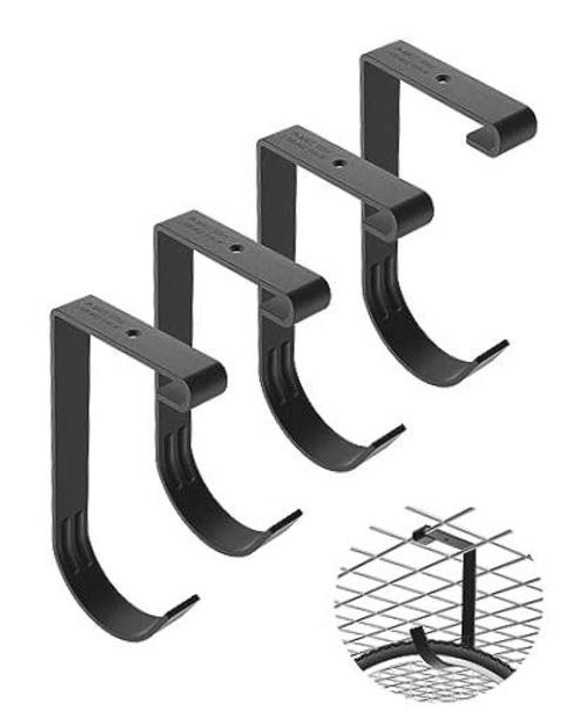 Set of four dark gray ceiling bike rack hooks with curved cradle ends