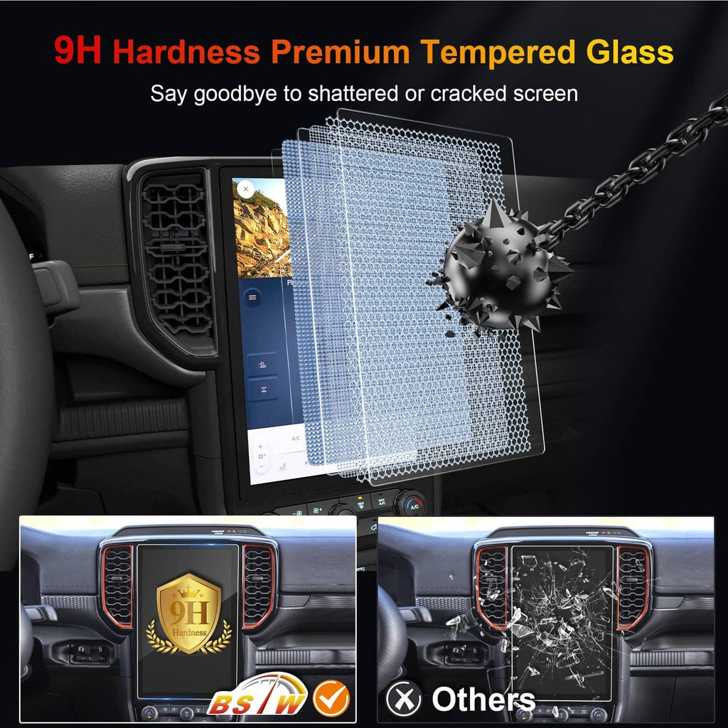 Tempered glass screen protector panel for car touchscreen, scratch and crack protection