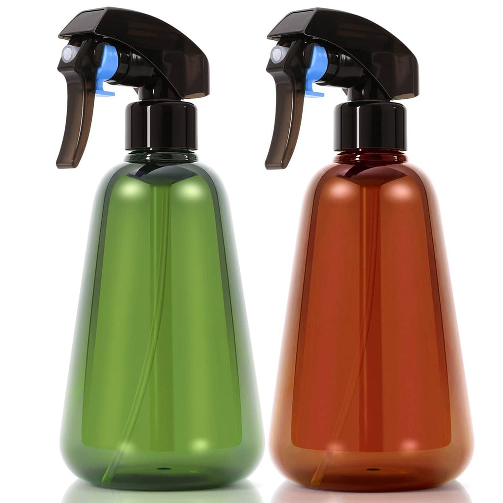 2-pack plant spray bottles with green and brown bottles, black trigger nozzles and handles