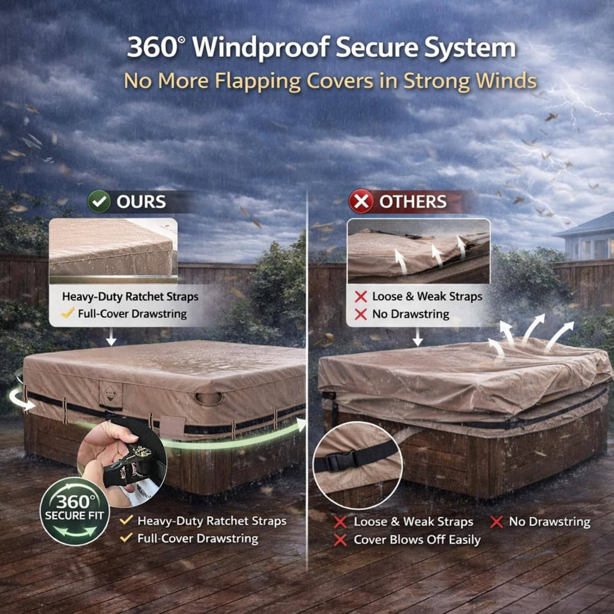 Beige hot tub cover with heavy-duty ratchet straps for windproof secure hold