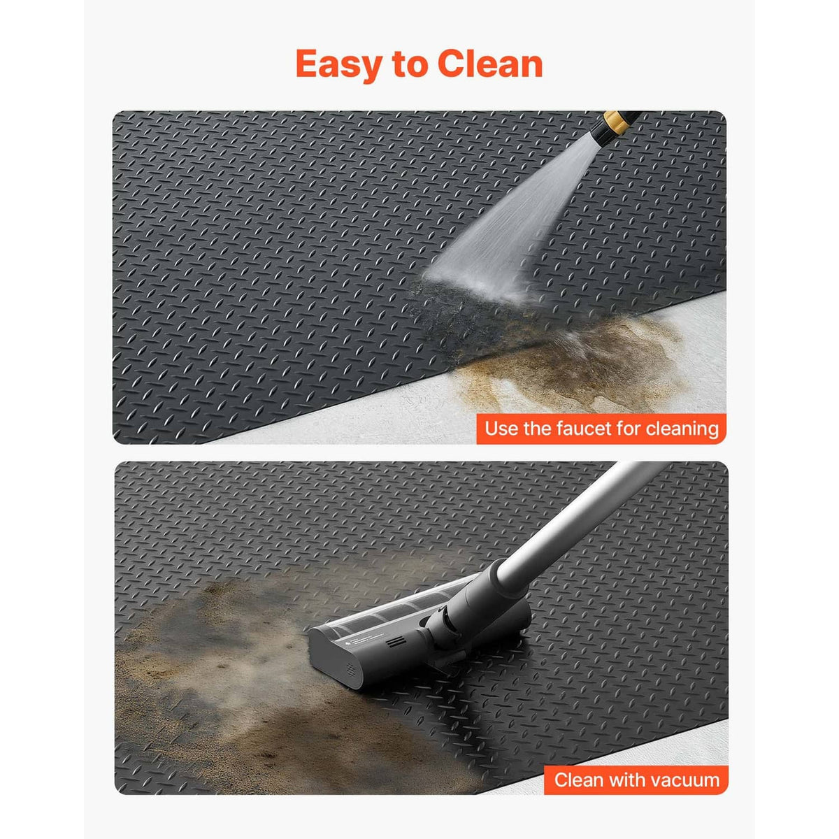 Black rubber garage floor mat with diamond pattern texture, wet and easy-clean surface