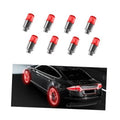 Red LED tire valve stem caps set of 8 with translucent red tops and chrome bases