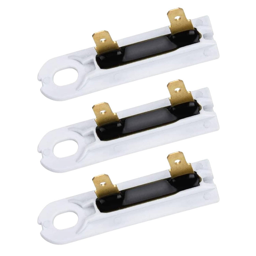 Dryer thermal fuse with white plastic housing and gold mounting tabs