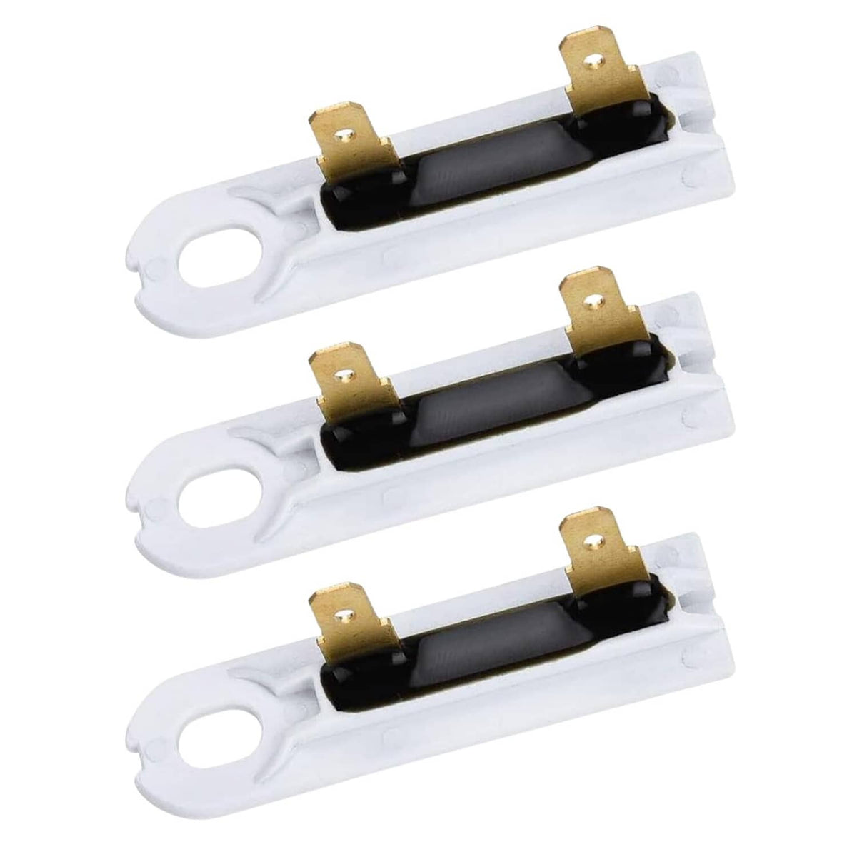 Dryer thermal fuse with white plastic housing and gold mounting tabs