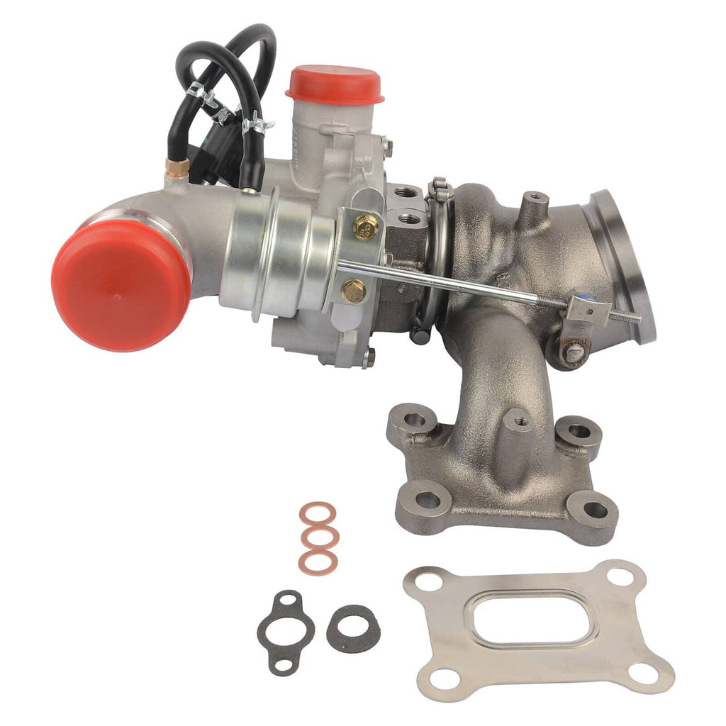 Turbocharger assembly side view with red end caps, black hoses, and included gaskets