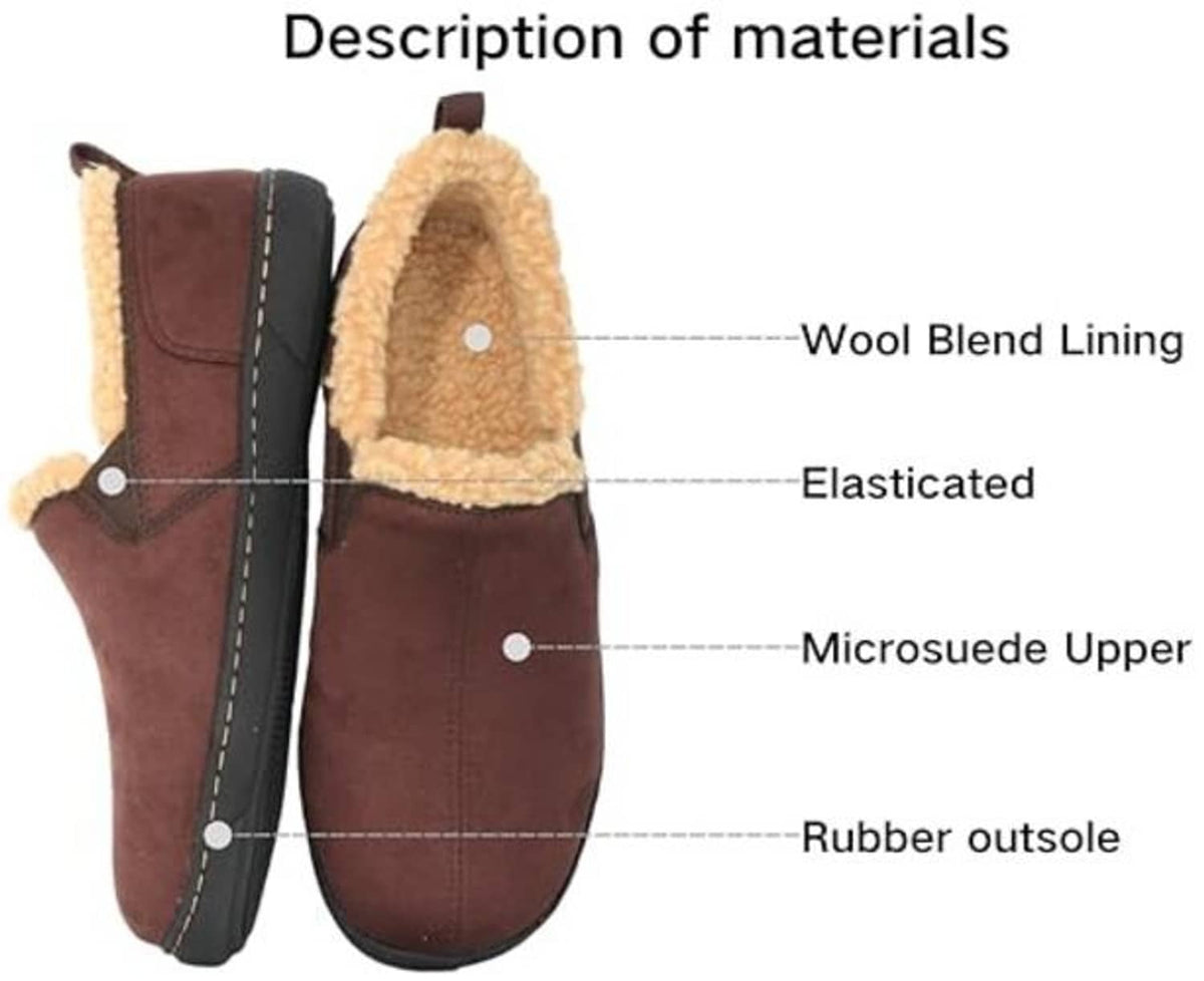 Chocolate micro suede slippers with tan wool-blend lining, elastic gusset, rubber outsole