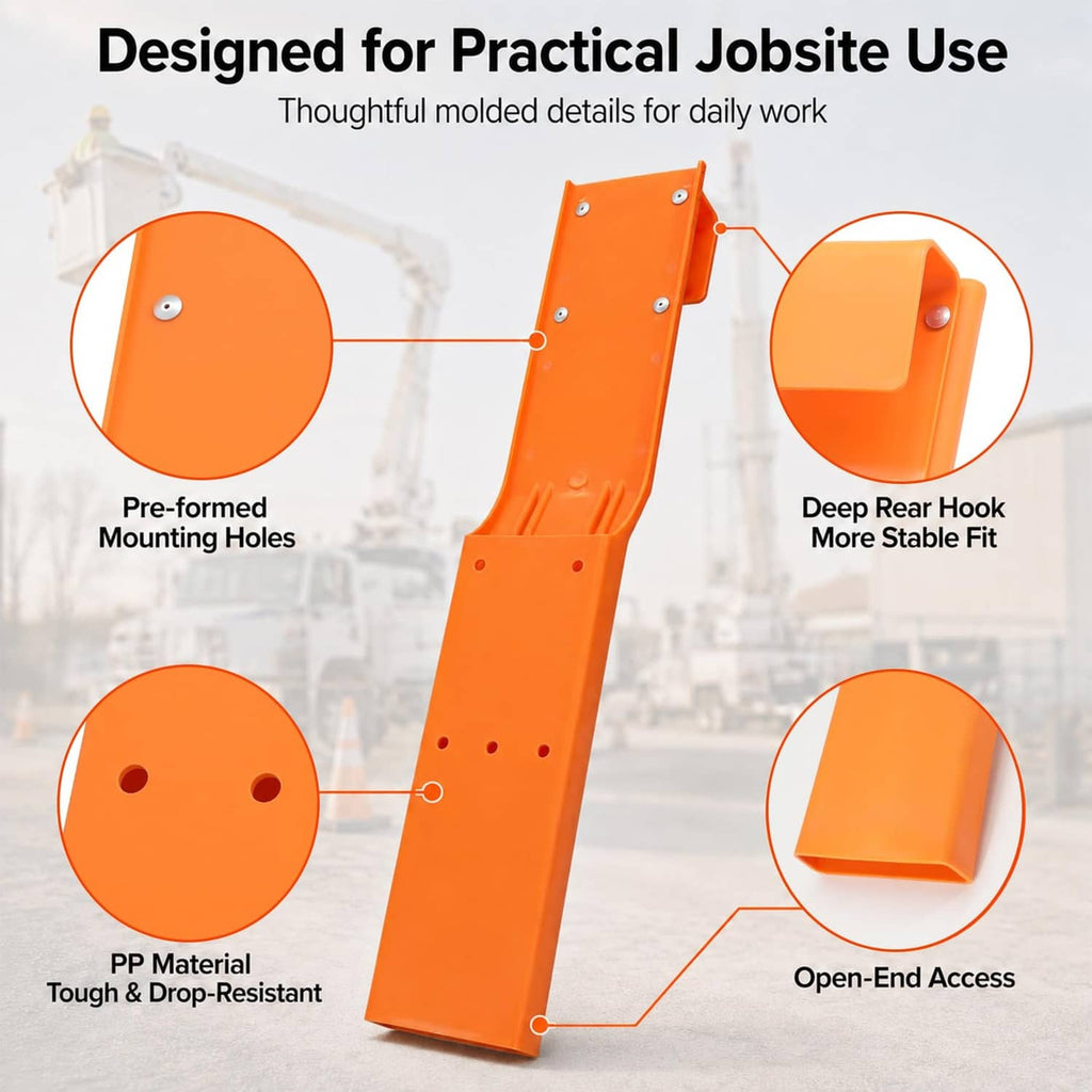 Orange chainsaw scabbard with molded mounting holes and open-end access