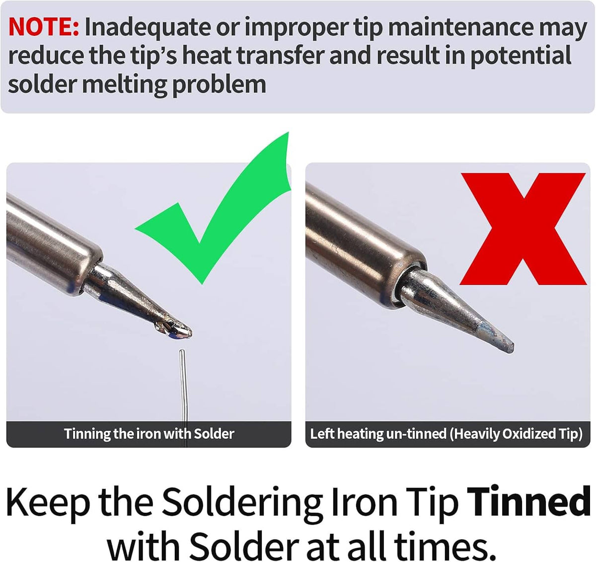 Close-up of soldering iron tip tinning instructions with labeled check and cross