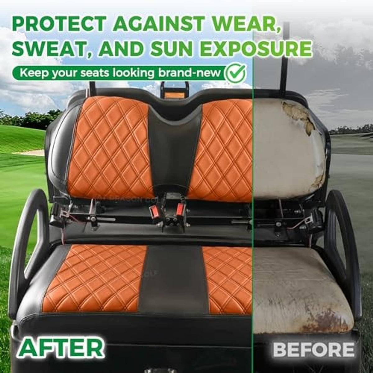 Golf cart seats: worn surface comparison with orange diamond seat covers installed