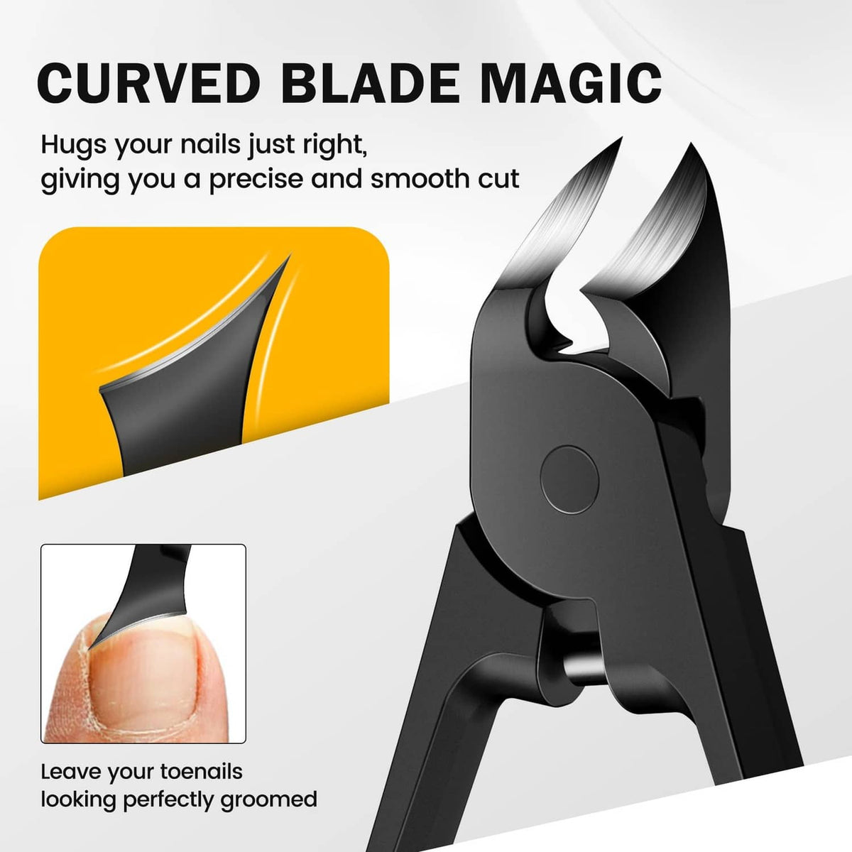 Black curved-blade thick toe nail clippers with smooth cutting edge