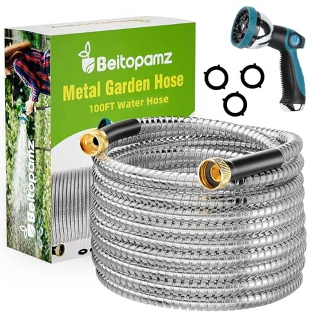 Metal garden hose kit with stainless coil, brass connectors, and spray nozzle