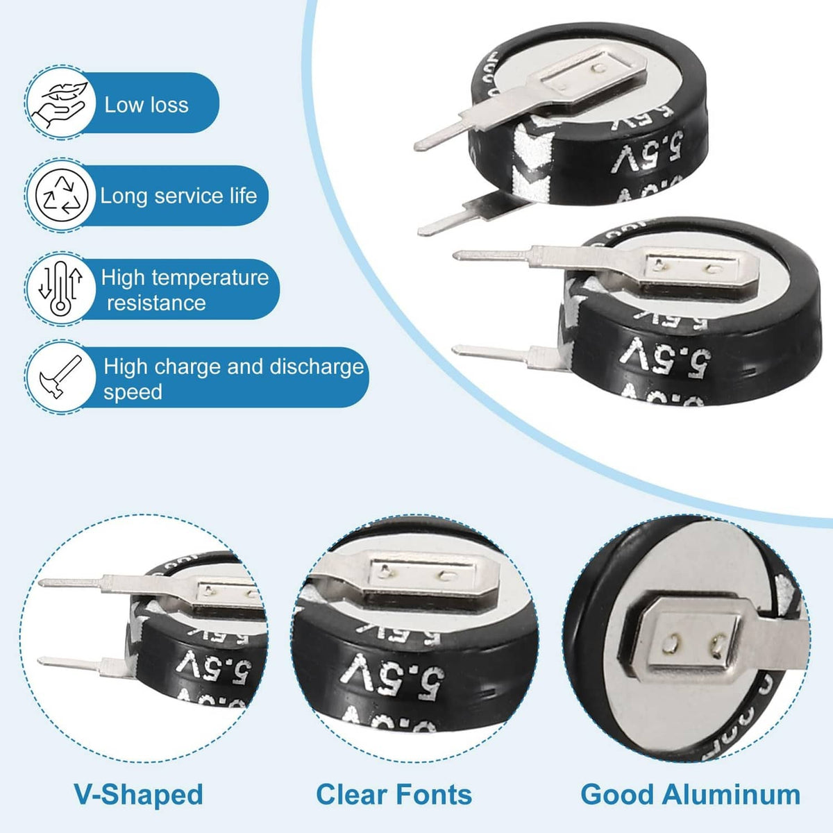V-shaped button super capacitor with labeled performance icons and close-up of leads