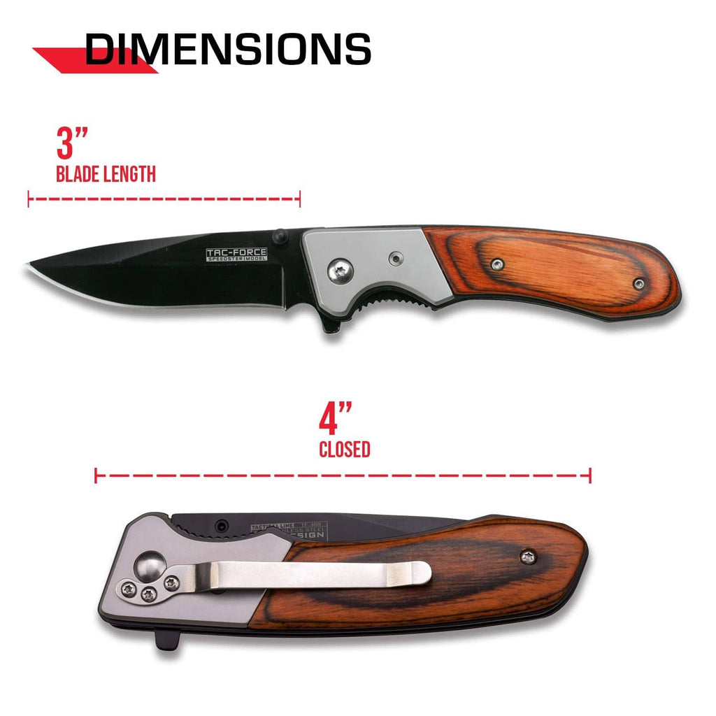 Tac-Force folding pocket knife open and closed views, wood handle, black blade